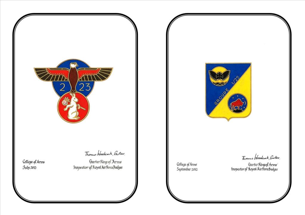 Crests of the 346 & 347 Squadrons registered by Thomas Woodcock, Garter King of Arms, Inspecxtor of Royal AirForce Badges, College of Arms, July/September 2012.